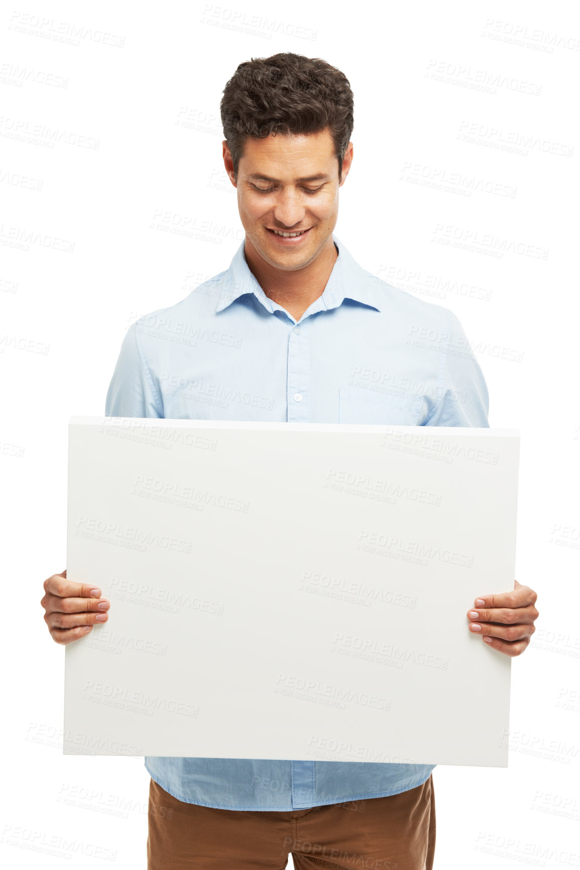 Buy stock photo Mockup, happy and man with poster in studio for news, announcement and information. Presentation, promotion and isolated person with sign, banner and billboard for advertising on white background