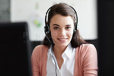 Buy stock photo Portrait, call center and happy woman in office for virtual communication, online support or e learning consultant. Face of agent, web advisor or person for elearning services, helping or course info