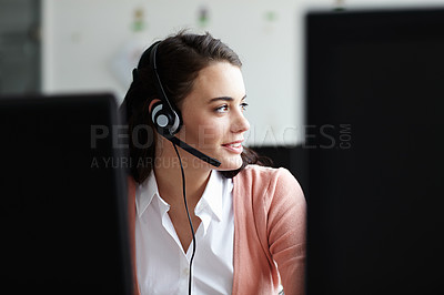 Buy stock photo Call center, happy woman and thinking of online communication, virtual support and solution for client. Professional agent, consultant or business person for telecom ideas, vision or startup planning