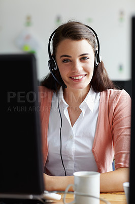 Buy stock photo Call center, happy woman and portrait in office communication, virtual support and computer software. Face of young agent, web advisor or person with customer services helping or telemarketing job