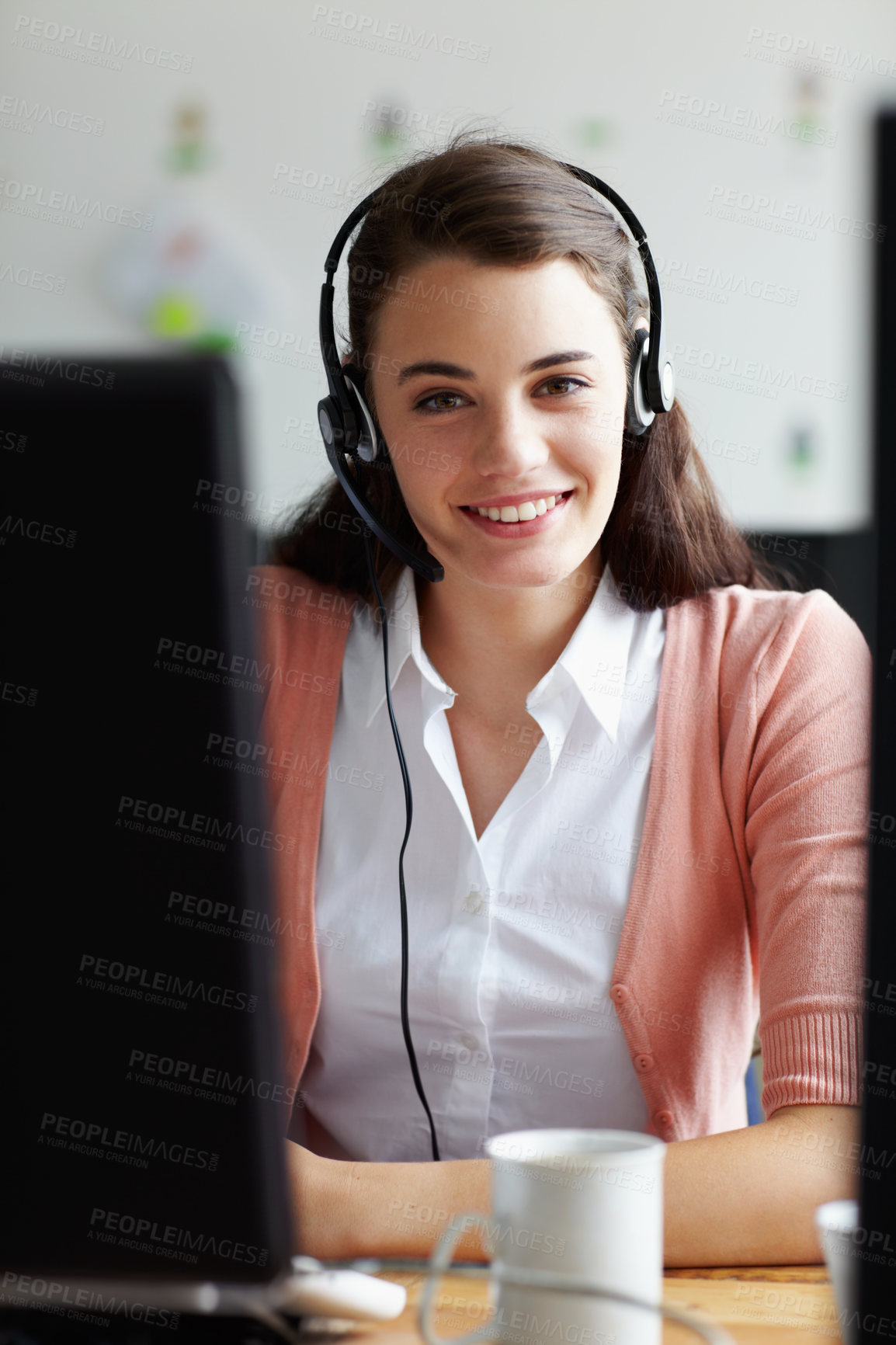 Buy stock photo Call center, happy woman and portrait in office communication, virtual support and computer software. Face of young agent, web advisor or person with customer services helping or telemarketing job