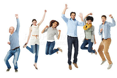 Buy stock photo Full body shot of a group of excited people jumping into the air