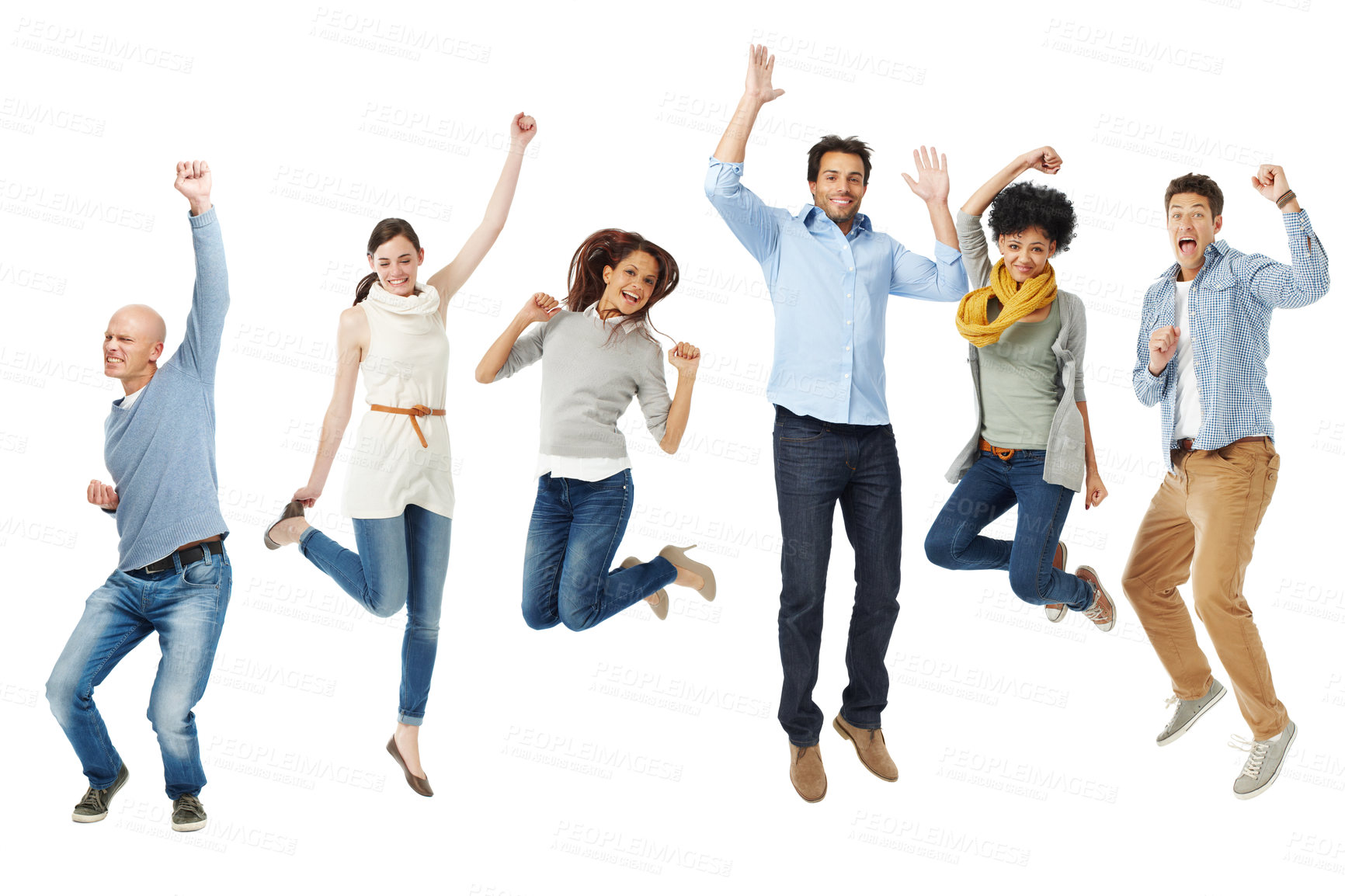 Buy stock photo Full body shot of a group of excited people jumping into the air