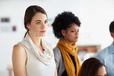 Buy stock photo Thinking, listening and business woman in a corporate teamwork office meeting working. Diversity, strategy and teamwork meeting with a female employee hearing about workforce growth and vision