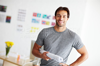 Buy stock photo Happy, documents and portrait of business man in office with company pride, confidence and smile. Creative startup, professional and person with paperwork or blueprints for career, work and job