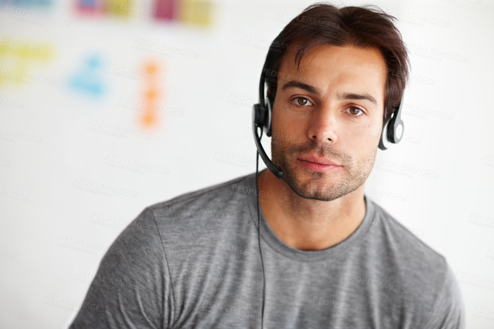 Buy stock photo Headset, call center and portrait of man in office with telemarketing, customer service or crm. Serious, technology and technical support agent with outbound consultation for sport equipment sales.