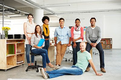 Buy stock photo Portrait of a smiling group of multi-ethnic people in a work environment 