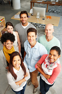 Buy stock photo High angle view portrait of a group of multi-ethnic people in a work environment
