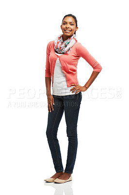 Buy stock photo Portrait of a pretty smiling young woman posing  with hand on hip against a white background