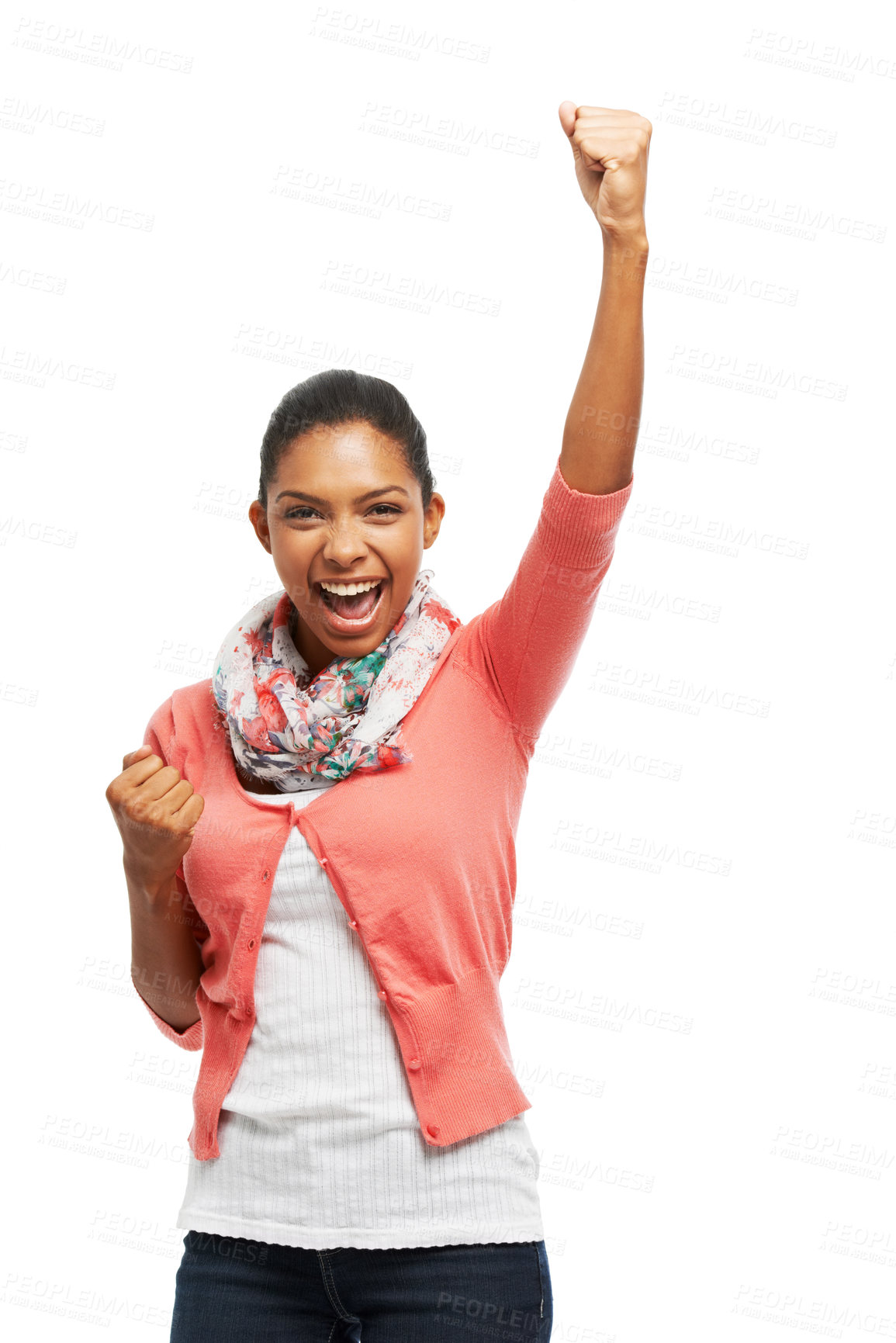 Buy stock photo Woman, portrait and fist pump for winning in studio, prize and lottery reward on white background. Female person, cheers and champion for achievement results, excited and bonus giveaway in Jamaica