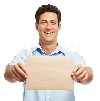 Buy stock photo Man, portrait and cardboard poster in studio with mockup space for vote by white background. Person, blank paper or sign for choice, review and smile for info, deal or recruitment for creative agency