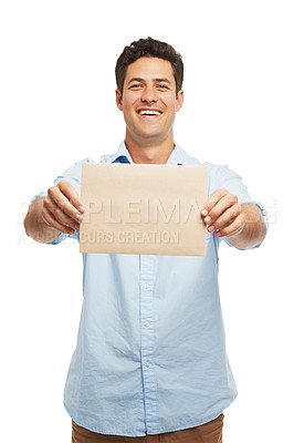 Buy stock photo Man, smile and board poster in studio portrait with mock up space for vote by white background. Person, blank paper and sign for choice, review and info for deal with recruitment for creative agency