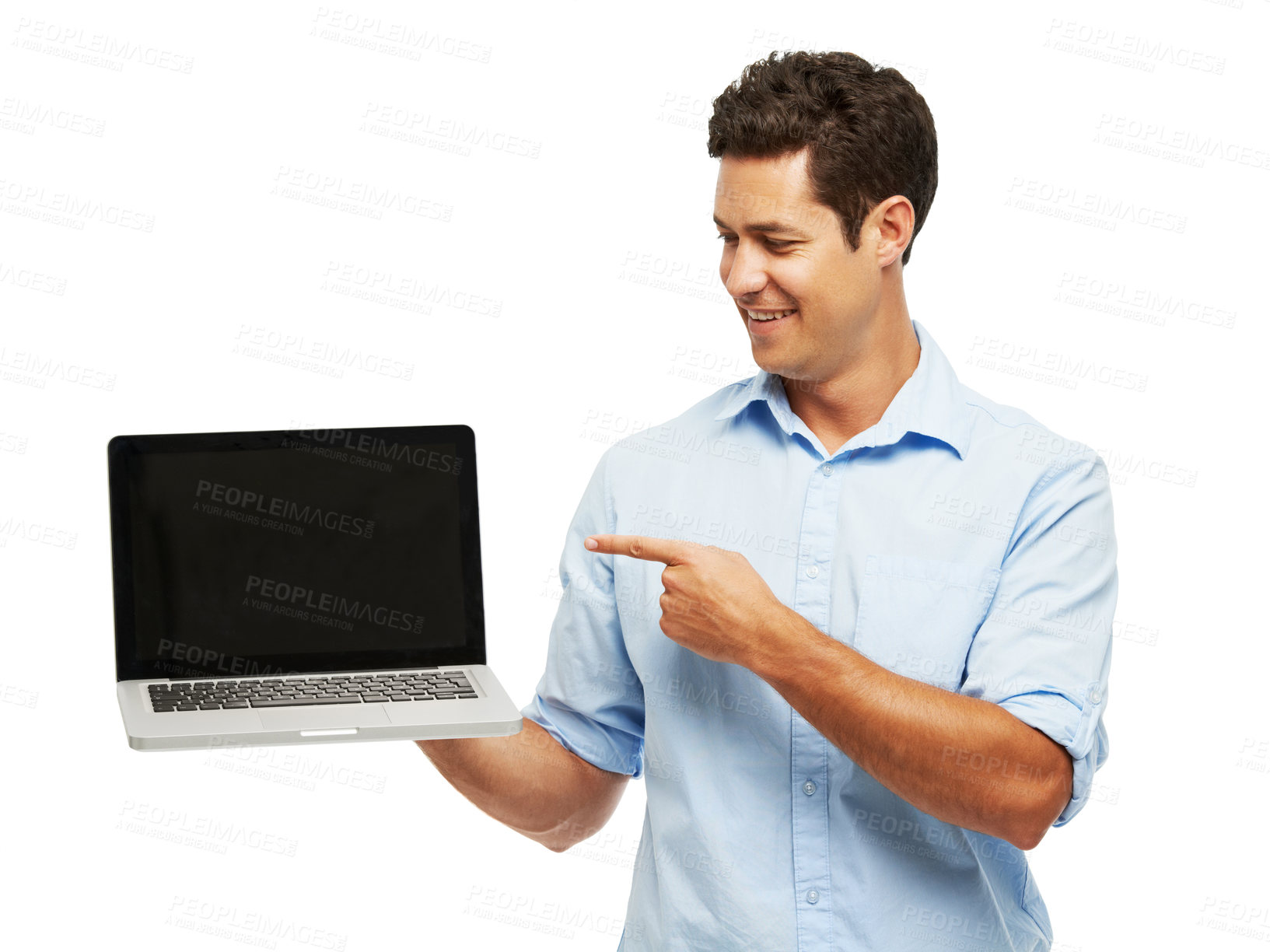 Buy stock photo Man, laptop screen and point in studio with mockup space, presentation or choice for ui by white background. Person, employee and pc with blank display, happy and promotion for job at creative agency