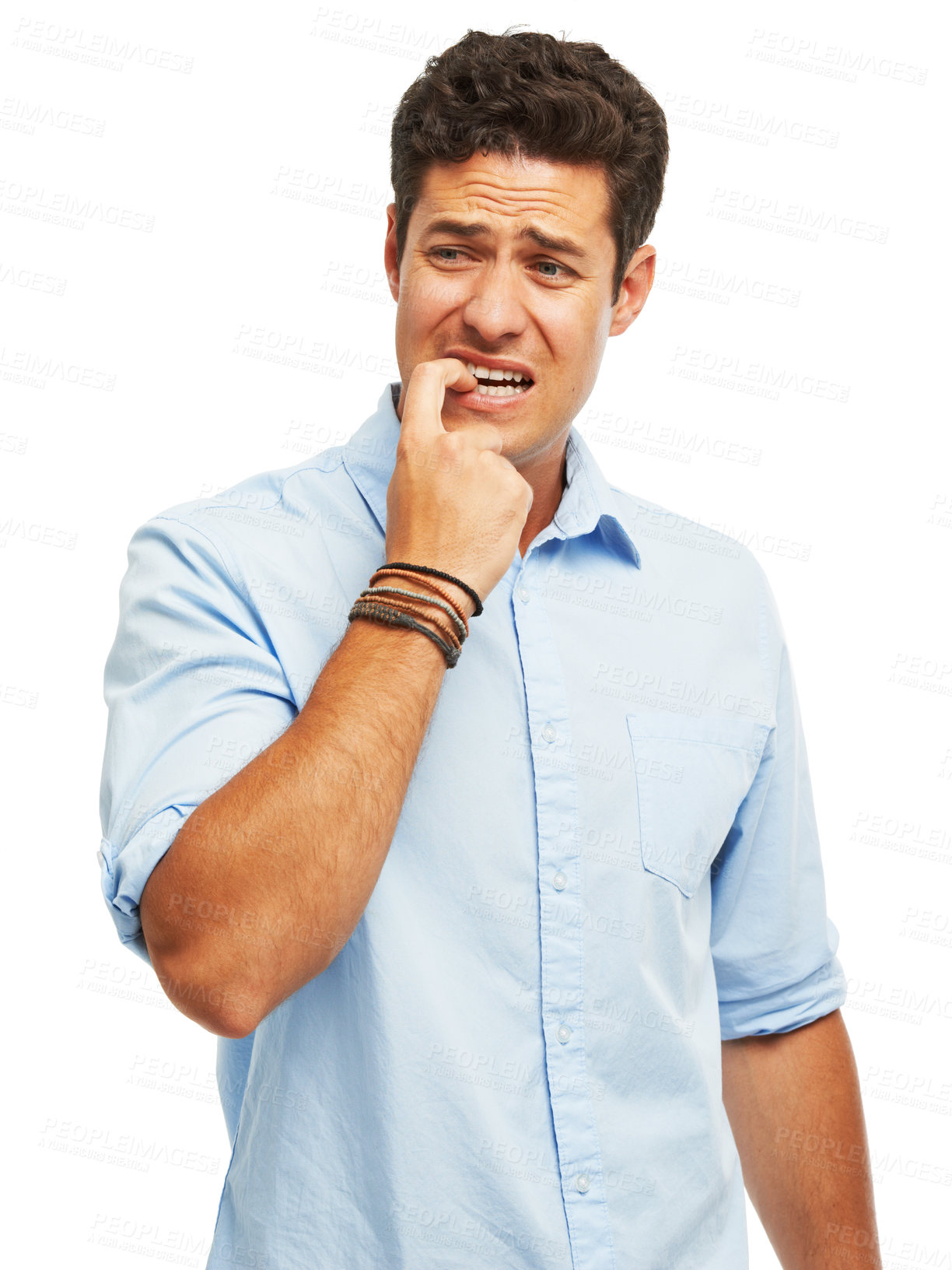 Buy stock photo Anxiety, thinking and man biting nails in studio with terror, fear and scared for drama on white background. Stress, gossip and wtf by male person with horror, fake news or worried about secret