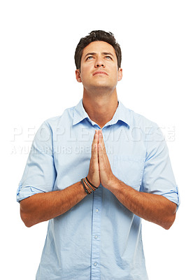 Buy stock photo Praying, thinking and business man in studio with hope for employment, opportunity and job success. Professional, white background and person with prayer hands for faith, good news and promotion