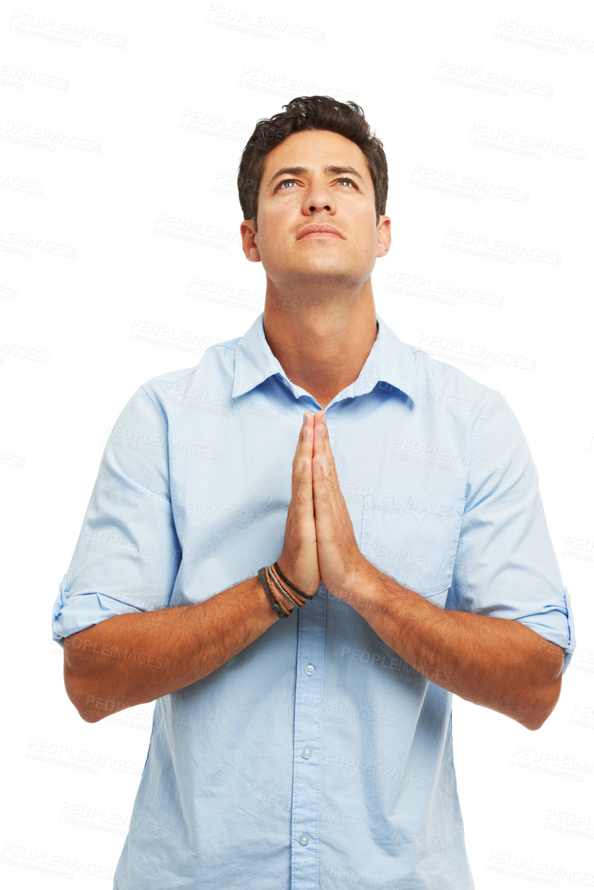 Buy stock photo Praying, thinking and business man in studio with hope for employment, opportunity and job success. Professional, white background and person with prayer hands for faith, good news and promotion