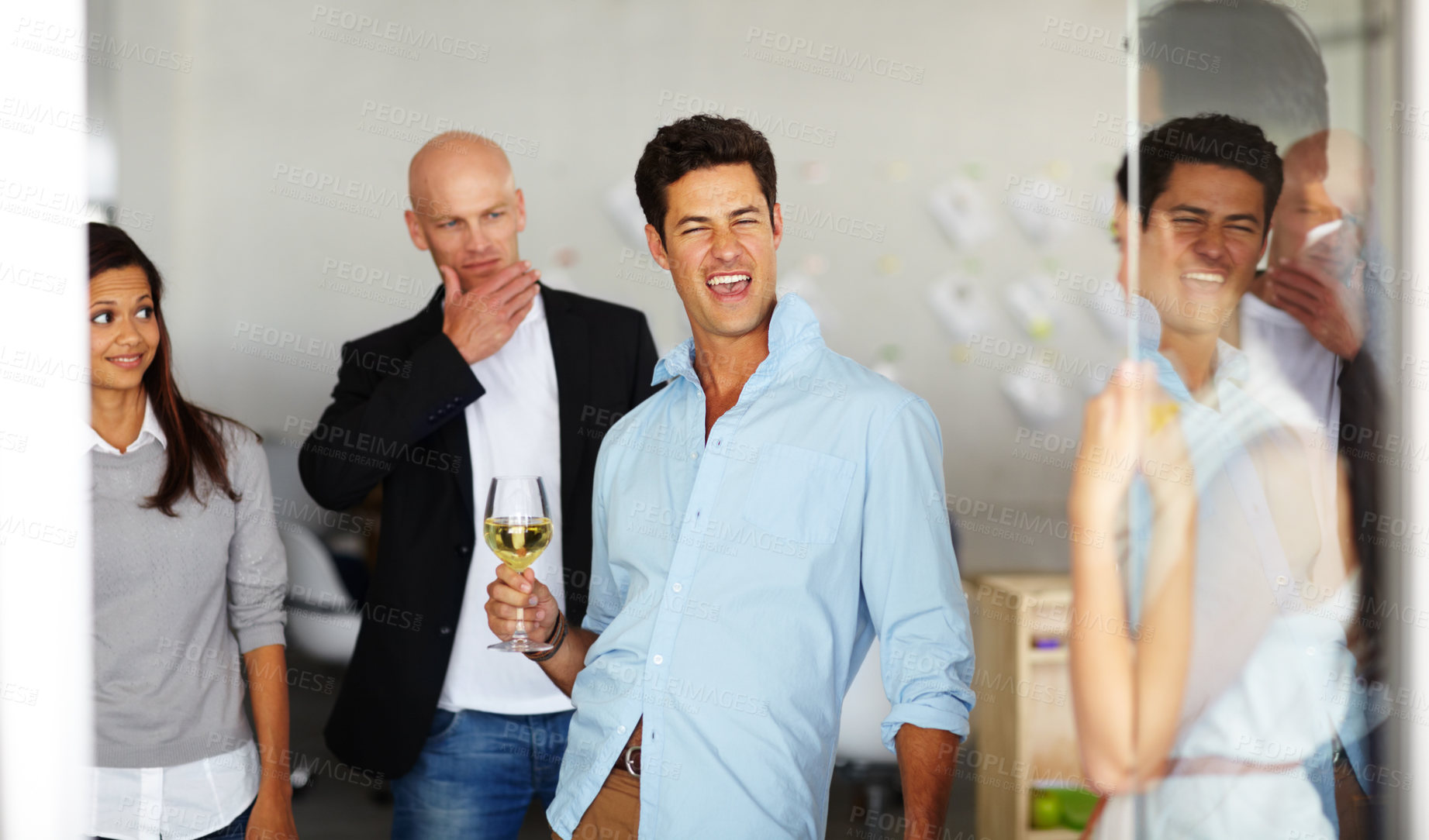 Buy stock photo A drunk man with a glass of wine in his hand at a office social