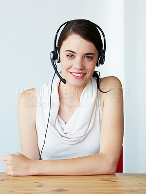 Buy stock photo Portrait, call center and woman, consultant or agent for business communication, help or online support. Professional, telemarketing and face of happy virtual assistant or person on a wall background