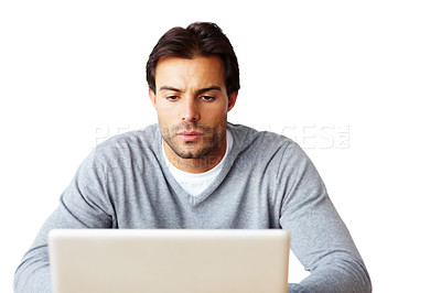Buy stock photo Computer, research and business man isolated on a white background for startup, career planning or website design ideas. Creative, focus and serious person or online user reading on laptop in studio