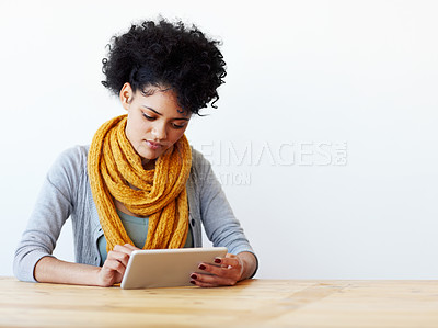 Buy stock photo Tablet, online and young woman isolated on wall background for college, university or studying platform mockup. E learning, scholarship and african person on digital technology, website and research