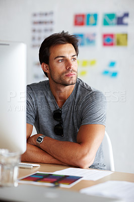 Buy stock photo Computer, thinking and business man for online project, website design and digital brainstorming or brand solution. Young person, designer or worker on desktop pc with startup planning and vision