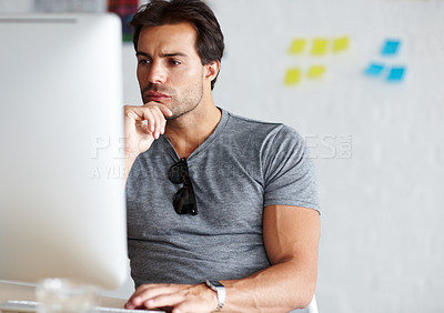 Buy stock photo Thinking, ideas and business man on computer for online project, website design and brainstorming or brand solution. Creative person or serious designer on his pc planning startup or problem solving