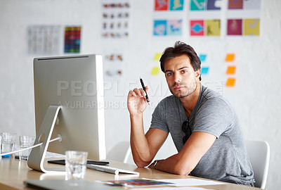 Buy stock photo Computer, portrait and pen for man planning, ideas and creativity for online career, graphic design and website. Creative, face and serious person on desktop pc, startup business and office workplace