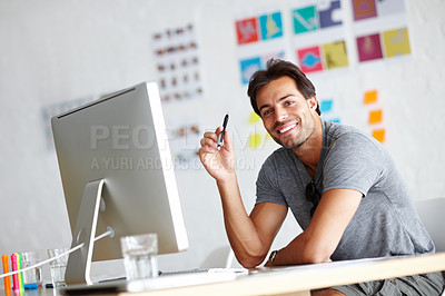 Buy stock photo Computer, man portrait and pen for ideas, planning and creativity in online career, graphic design and website. Creative, face and happy person with desktop pc, startup business and office workplace