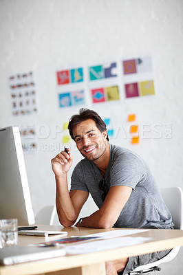 Buy stock photo Computer, office and happy portrait of man with ideas, planning and creativity in online, graphic design and website. Creative, smile and face of person on desktop pc, startup business and workplace