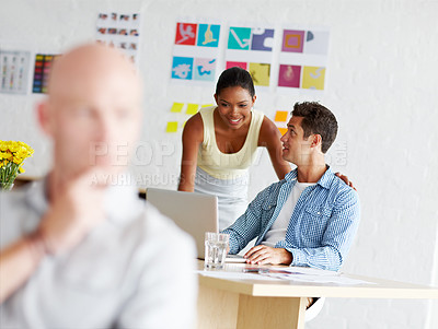 Buy stock photo Help, laptop and business people in office talking for project feedback, research and chat. Professional, creative startup and man and woman on computer for website review, teamwork and collaboration