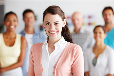 Buy stock photo Office, business woman and portrait with smile for meeting, leadership and team building with confidence. Career, female manager or designer with pride for ambition, startup and creative agency 