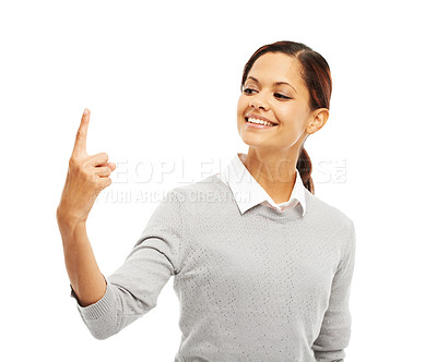 Buy stock photo Woman, happy and pointing in studio for mockup space, advertising and marketing on white background. Female person, smile and show for info, branding and presentation with announcement coming soon