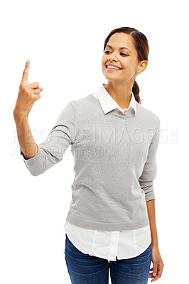 Buy stock photo Happy woman, index or hand touch in studio for technology or alert on white background. Sign language, finger pointing or number one gesture for notification, virtual experience or iot assistance