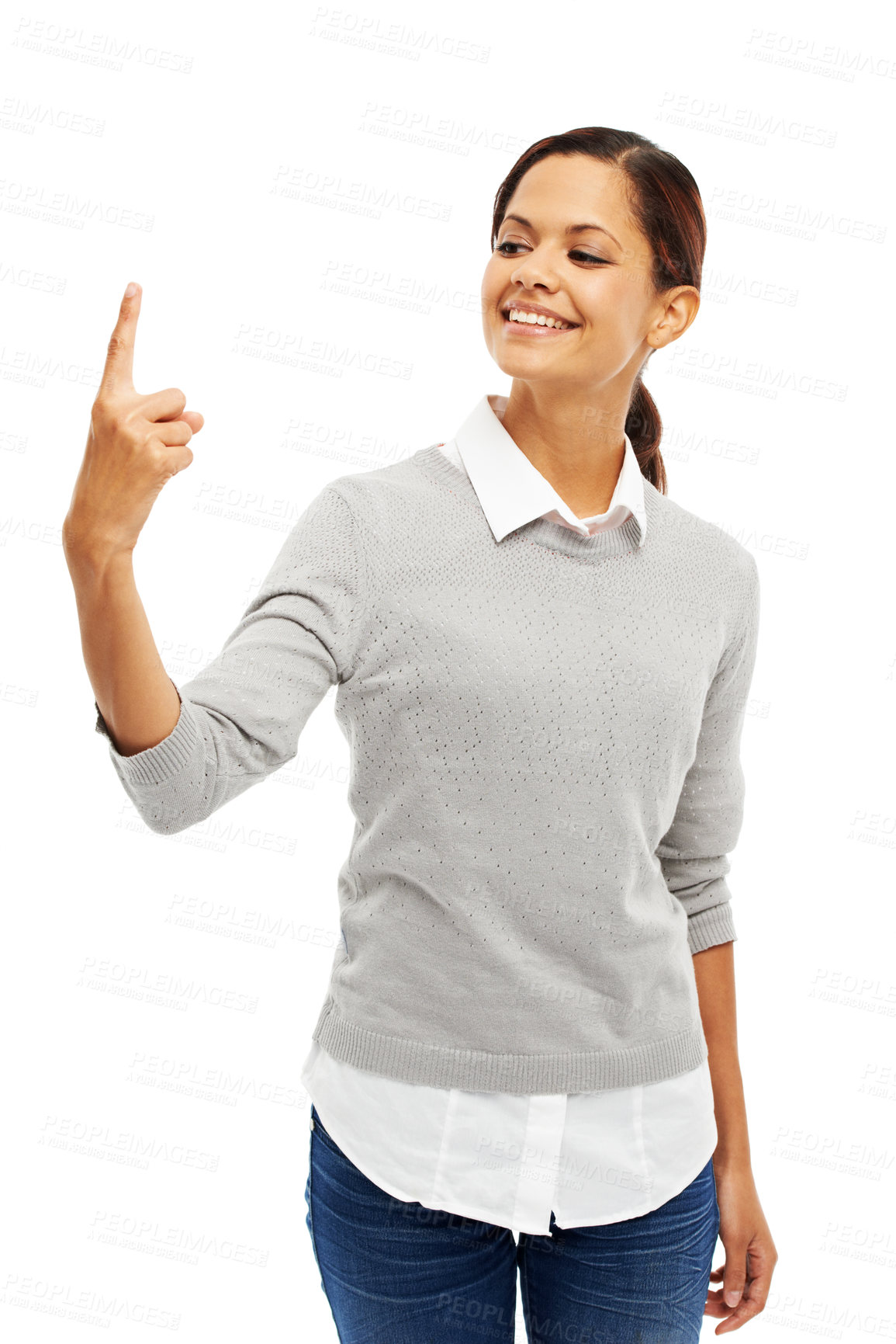 Buy stock photo Happy woman, index or hand touch in studio for technology or alert on white background. Sign language, finger pointing or number one gesture for notification, virtual experience or iot assistance