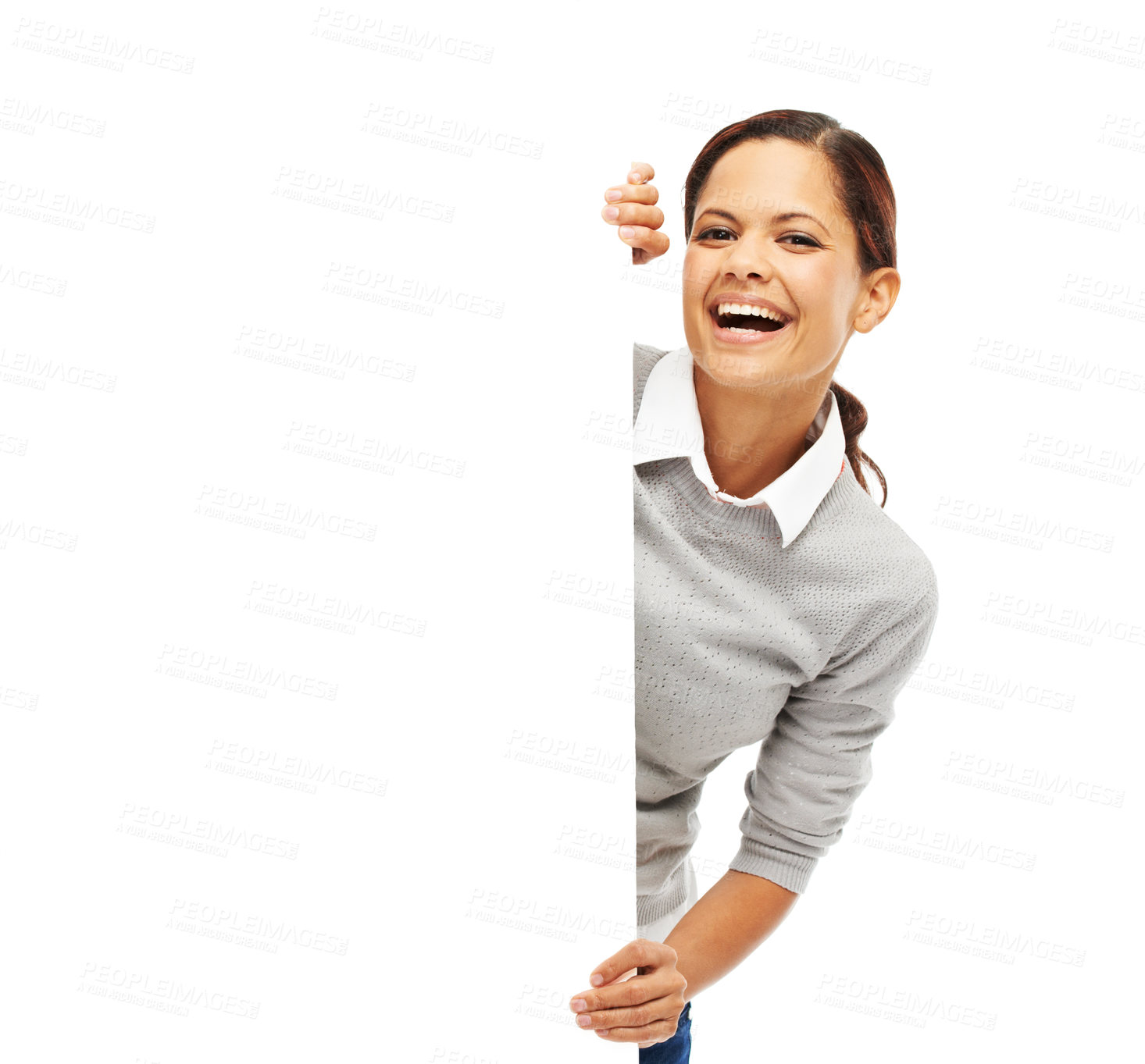 Buy stock photo Portrait, woman and laugh as school teacher with mock up space on white background. Female person, happy and positive for education, support or development as career guidance counsellor in Argentina