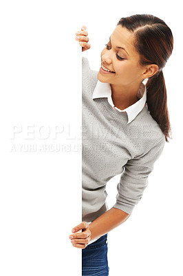 Buy stock photo Studio, offer and woman with blank poster for deal, promo or happy news announcement on mockup sign. Signage, card and girl with billboard for sale, discount or product info on white background space