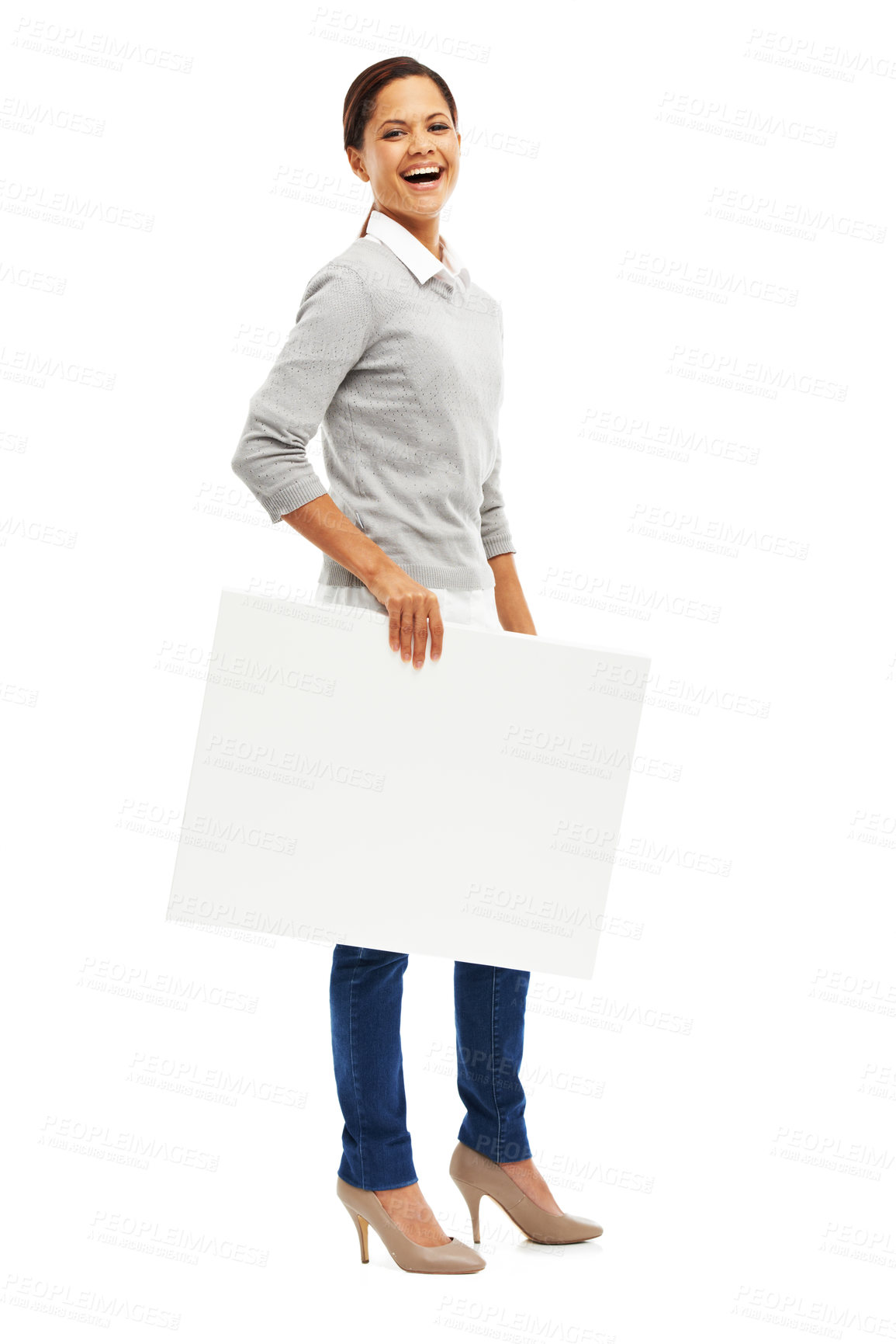 Buy stock photo Blank, paper and portrait of happy woman in studio for deal, promo or news announcement on poster mockup. Signage, card and girl with sign for sale, discount or advertising info on white background