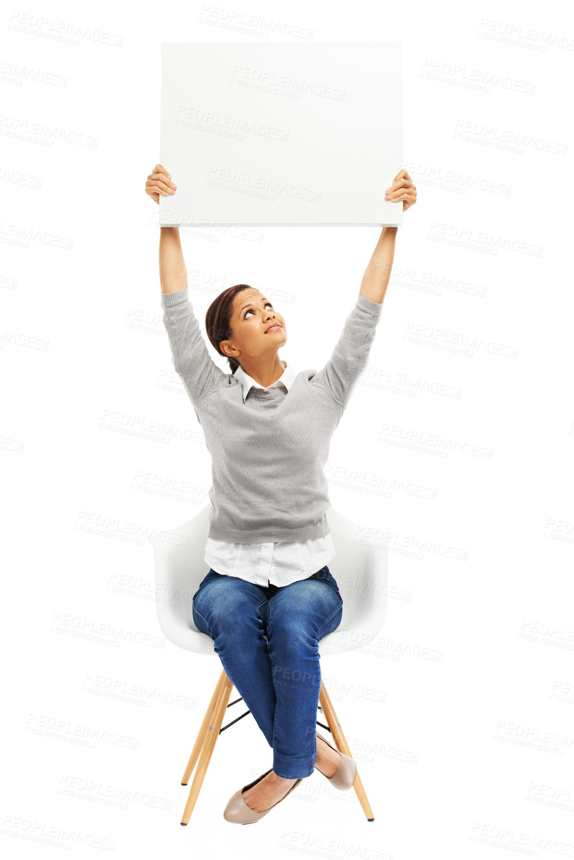 Buy stock photo Studio, promo and woman in chair with poster mockup for deal, opinion or happy news announcement. Signage, card and girl showing sign for sale, presentation or product info on white background space