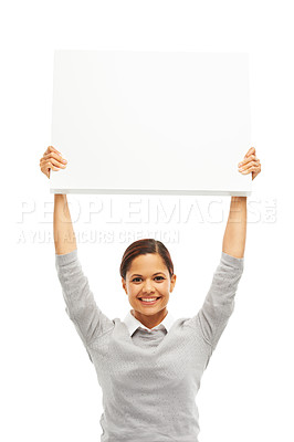 Buy stock photo Woman, employee and portrait with sign board in studio with white background and mockup space. Female person, poster and happy with presentation for marketing, promo and advertising with information