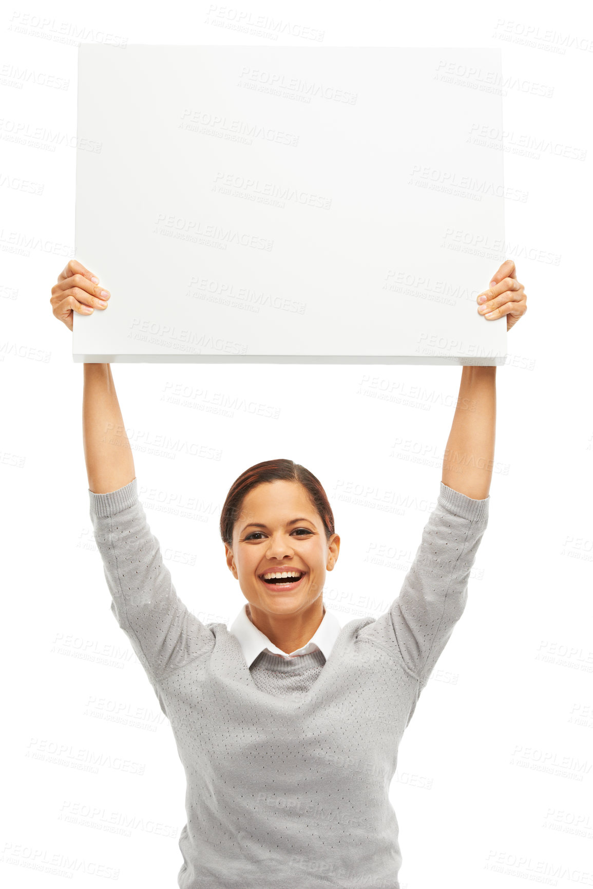 Buy stock photo Woman, business and happy with sign board in studio with white background and mockup space. Female person, poster and portrait with presentation for marketing, promo and advertising with information