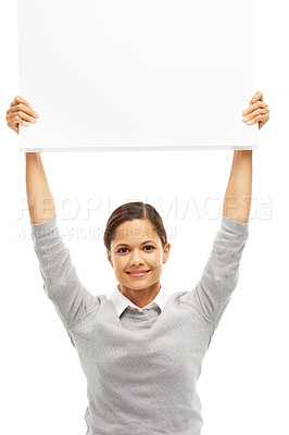 Buy stock photo Woman, business and smile with sign board in studio with white background and mockup space. Female person, poster and portrait with presentation for marketing, promo and advertising with information