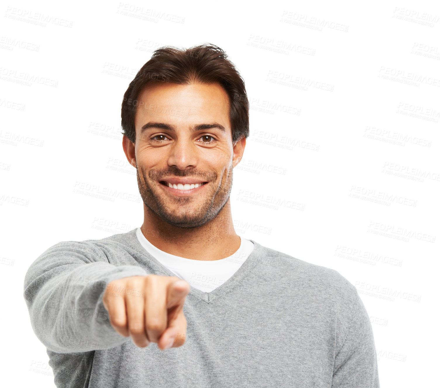 Buy stock photo A handsome young man pointing at you against a white background