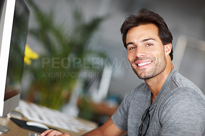 Buy stock photo Office, computer and happy man in portrait for creative project, business startup or online planning in career mindset. Face of a graphic designer on desktop pc working and smile for job opportunity