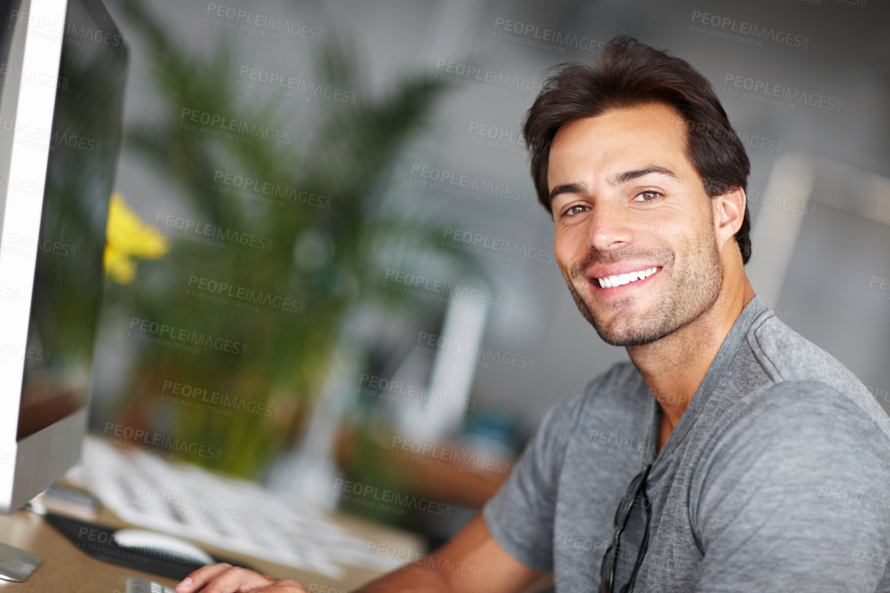 Buy stock photo Office, computer and happy man in portrait for creative project, business startup or online planning in career mindset. Face of a graphic designer on desktop pc working and smile for job opportunity