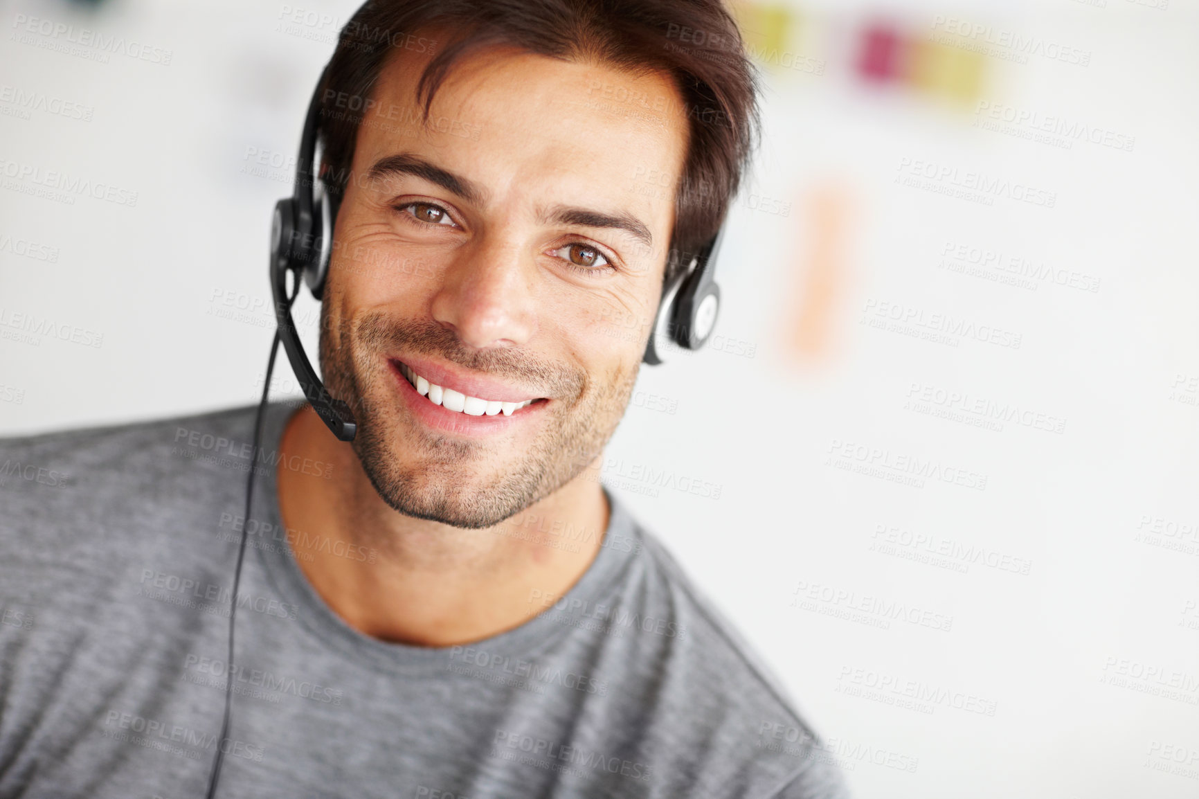 Buy stock photo Portrait, call center and happy man in startup for virtual communication online support or e learning consultant. Face of agent, web advisor or person with elearning services, helping and course info