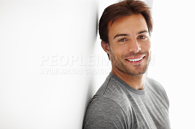 Buy stock photo Mockup, happy and portrait of man on a white background with casual style, fashion and trendy clothes. Smile, relax and face of person with confidence, pride and positive attitude in studio space