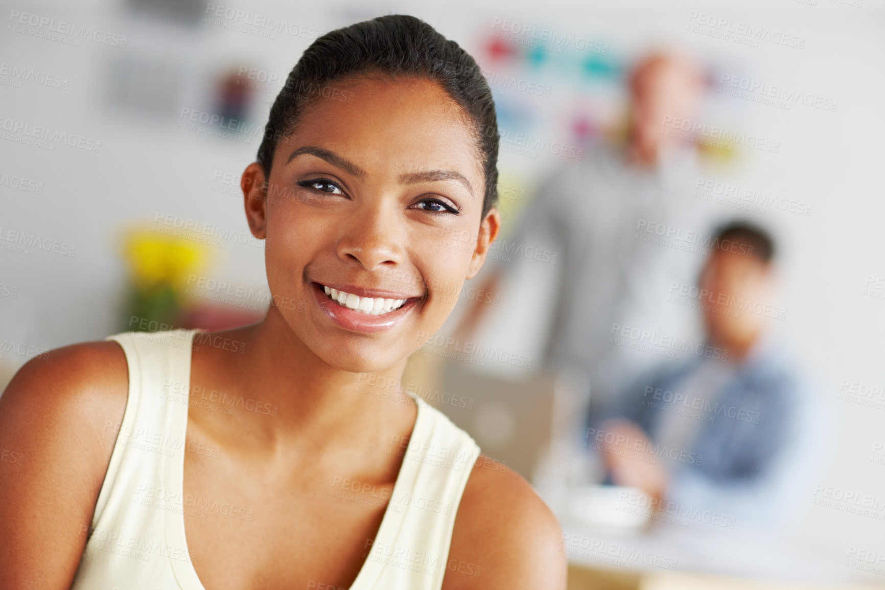 Buy stock photo Creative, business and portrait of happy woman in office with confidence, pride and smile. Professional startup, design agency and person for advertising, marketing and internship in coworking space