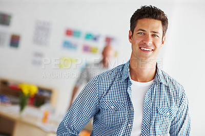 Buy stock photo Happy, startup and portrait of business man with company pride, confidence and smile. Creative office, professional agency and face of person laugh in workplace for career, job opportunity and work