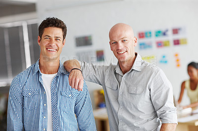 Buy stock photo Creative, portrait and men in office together with smile, support or collaboration at professional startup. Teamwork, trust and business people with confidence in partnership at graphic design agency