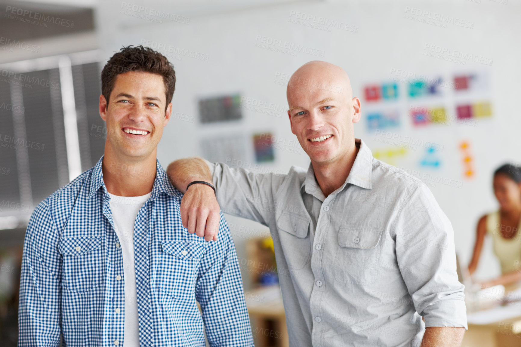 Buy stock photo Creative, portrait and men in office together with smile, support or collaboration at professional startup. Teamwork, trust and business people with confidence in partnership at graphic design agency